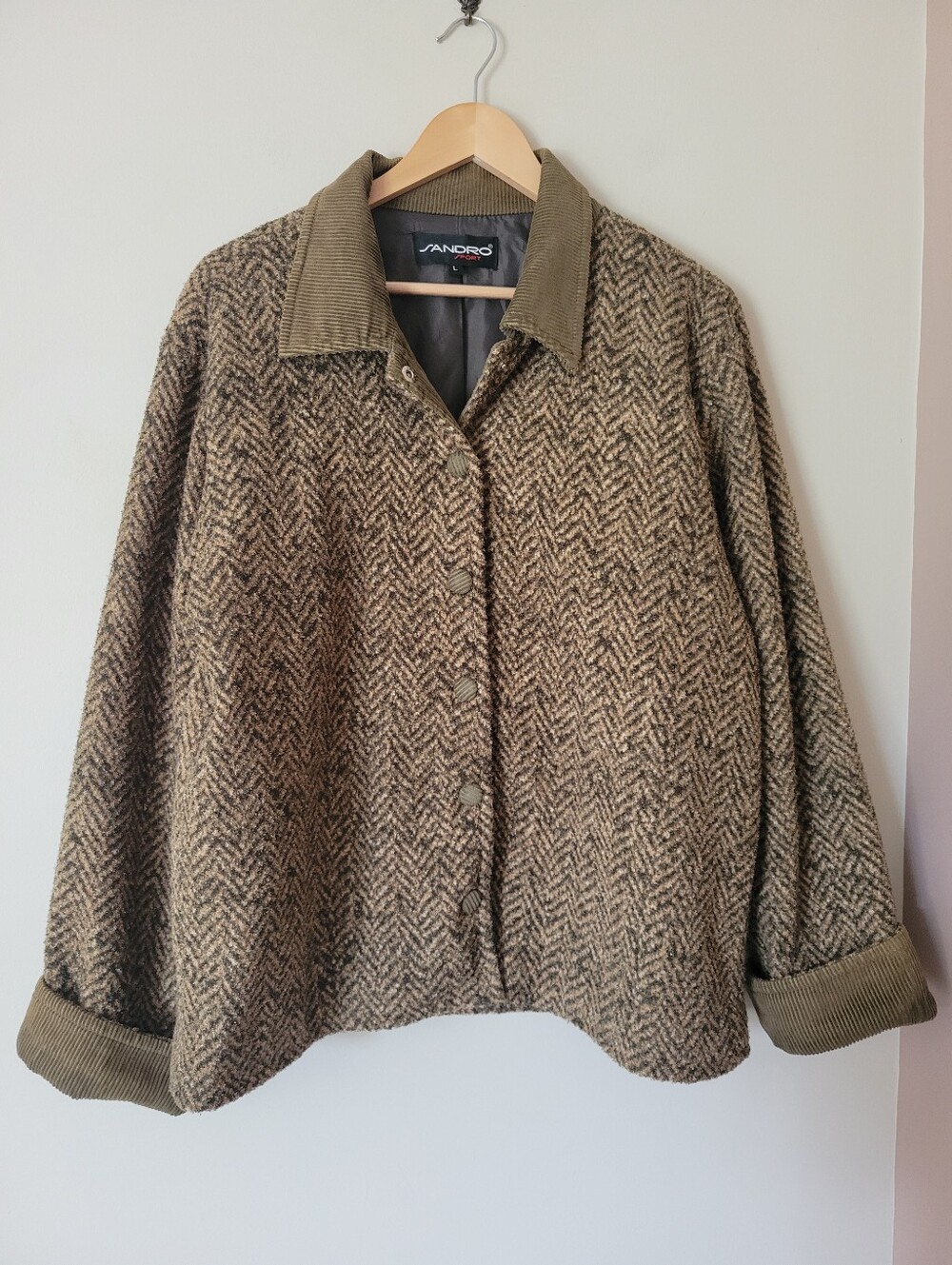 Vintage Sandro Sport Corduroy Trim Olive Green Herringbone Carpet Coat Large